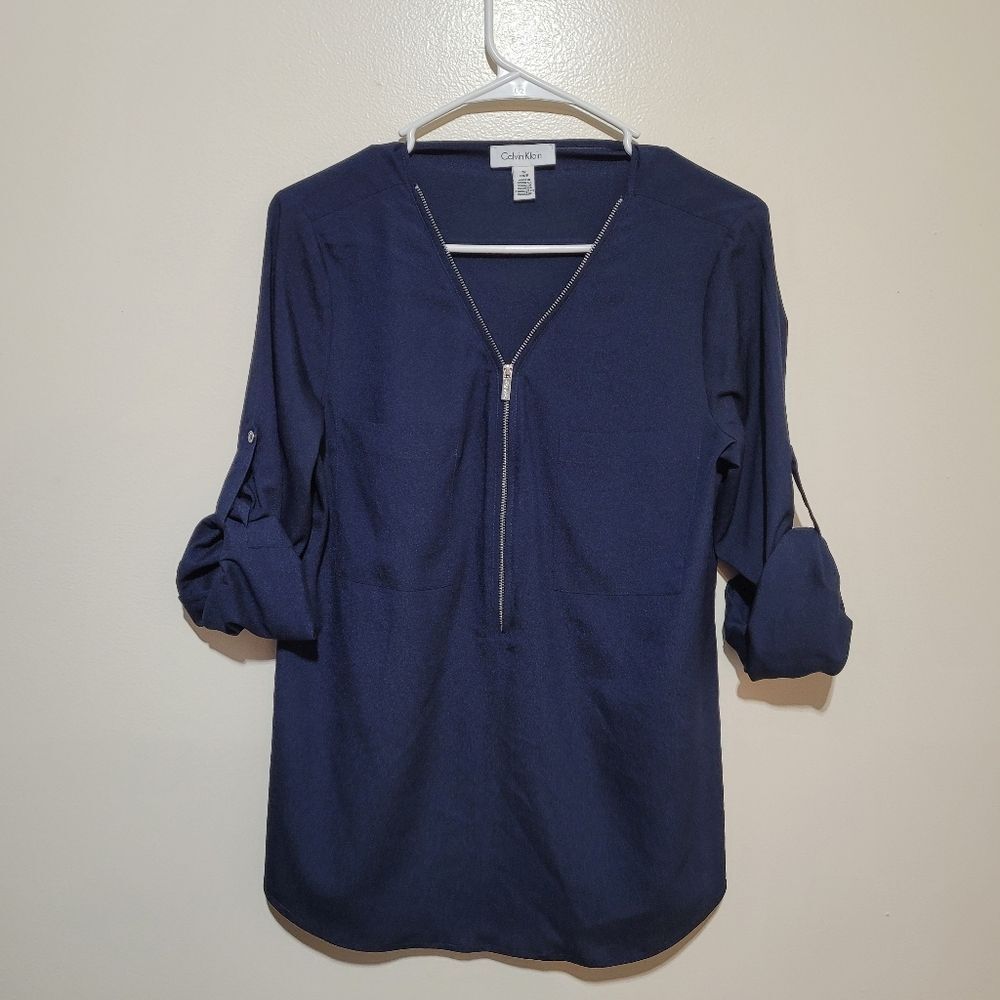 Calvin Klein Women's Deep Blue Blouse with Zip Detail‎